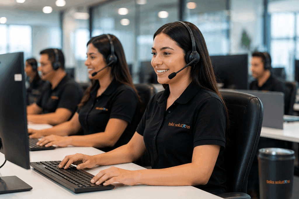 Four people in black polo shirts wearing headsets at a row of monitors in a bright open-plan office